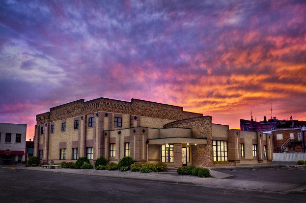 Pioneer Bank with sunset in background